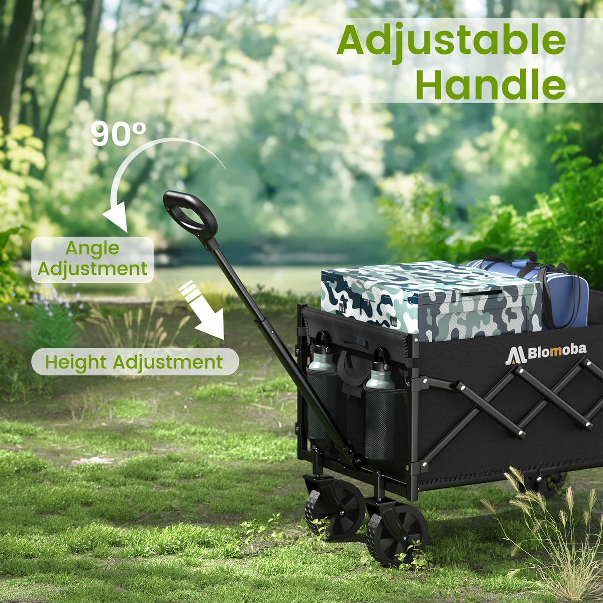 Blomoba Folding Wagon Cart with Wheels, 220lbs Utility Wagon Cart, Black | Collapsible Wagon with 360° All-Terrain Wheels & Adjustable Handle, Foldable Cart for Groceries Camping Sports Gardening