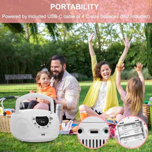 hPlay P16 Portable CD Player Boombox with Bluetooth, White | CD/CD-R/MP3-CD, FM Digital Radio, USB/MP3 Playback, Aux-In & Headphone Jack, AC/Battery Powered