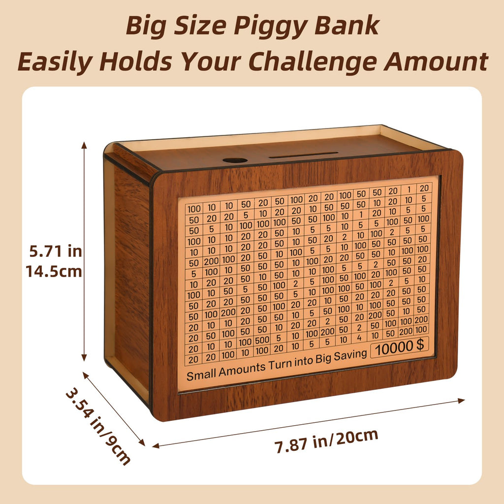 10000 Kakeibo Wooden Money Saving Challenge Box Cash Vault Piggy Bank for Adults Kids Savings Goals Smash Box Saver (10 Amounts)