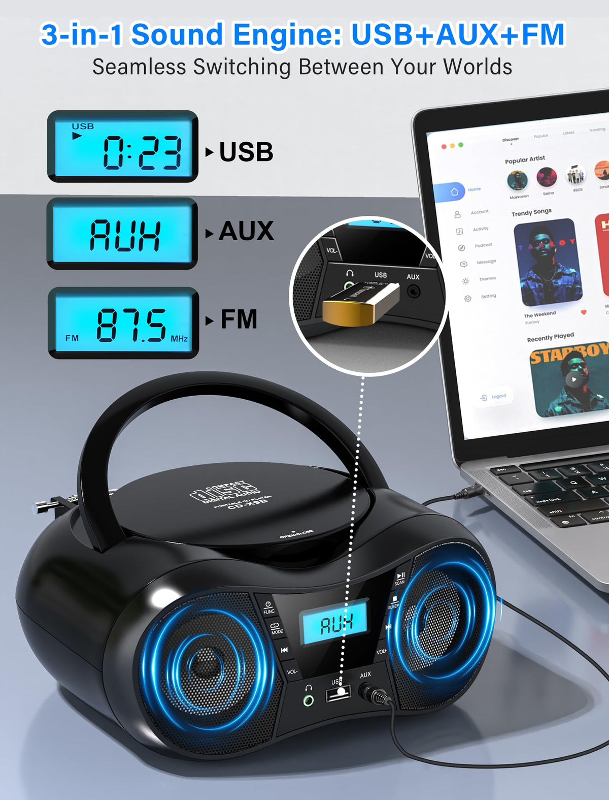 Greadio Portable Boombox CD Players for Home with Bluetooth, Stereo Sound | FM Radio CD Player, Simple Controls, CD/CD-R/RW, Compact, AC/Battery Power, USB & AUX Input Playback, Sleep Timer (Black
