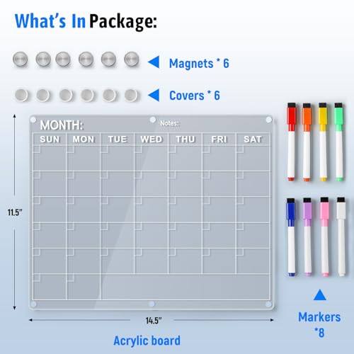 Acrylic Fridge Calendar, Magnetic Monthly Planner with 8 Color Markers, Clear Dry Erase Board for Events/Meetings/Shopping Lists - 14.5 * 11.5''