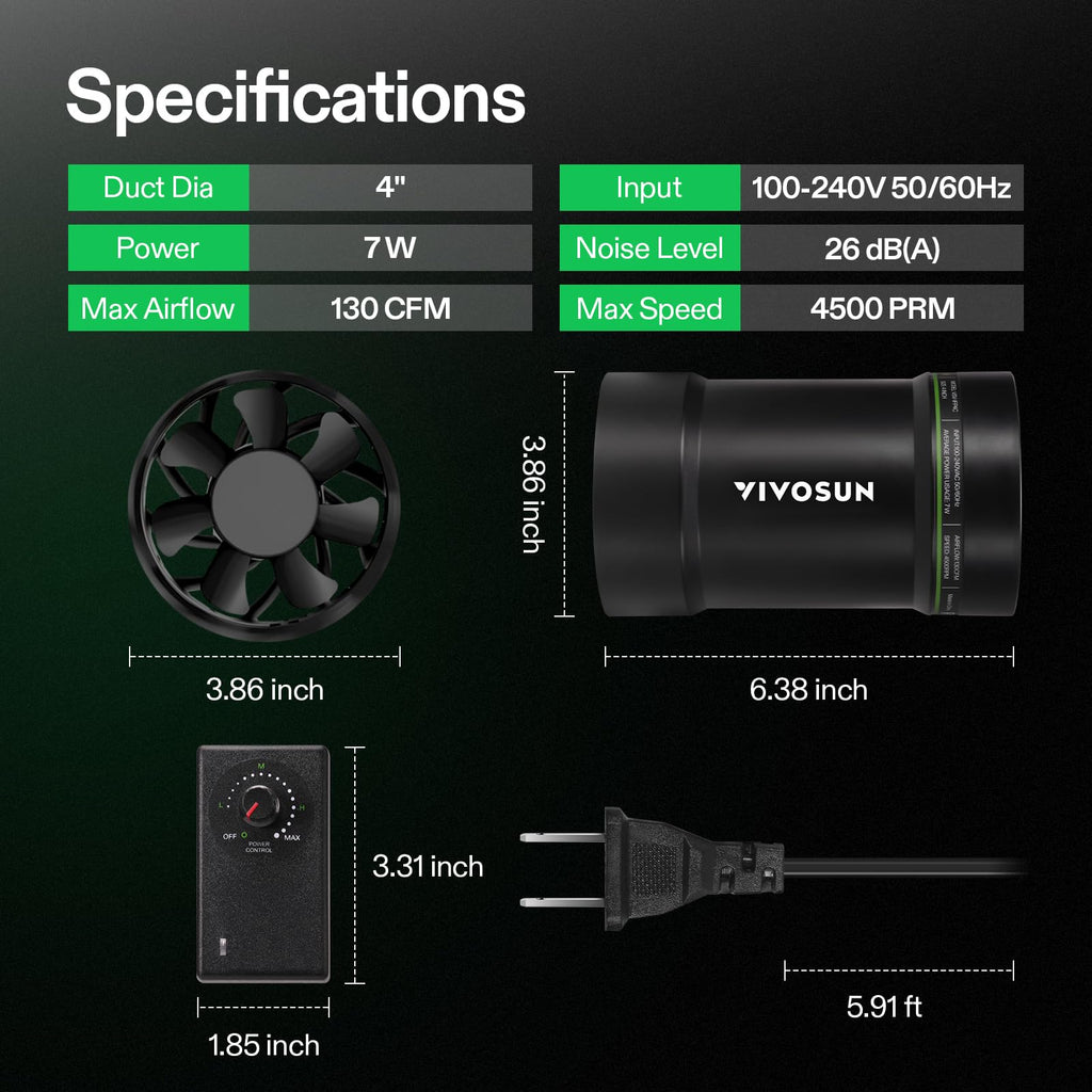 VIVOSUN P4 4" Inline Fan &Speed Control 130 CFM Exhaust Fan for Home | Low Noise Duct Fan, HVAC Ventilation, Vent Booster Fan in Workshop, Grow Room, Basement, Bathroom, Kitchen, Attic, 3D Printer