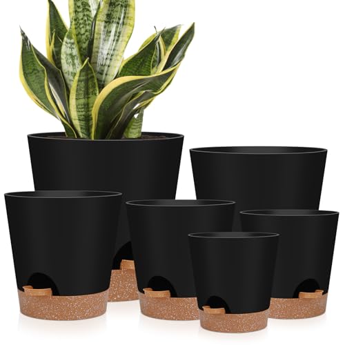 YNNICO 8,7, 6.5, 6, 5.5, 5 Inches Self Watering Planters for Indoor Plants | Black,Drainage Holes and Saucers,Modern Lightweight Plastic Plant Pots for Indoor/Outdoor.