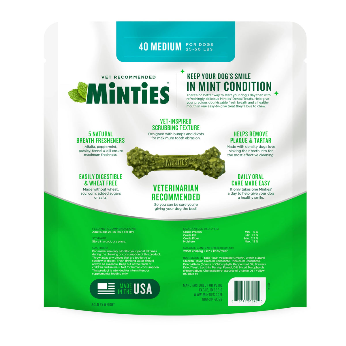 Minties Mint Dental Chews for Dogs, Medium Breeds 25-50 lbs, 40 Ct | Vet-recommended mint dental bone; scrubs teeth as dogs chew; fights plaque, tartar & bad breath; no soy/wheat/corn