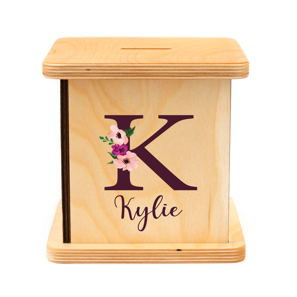 Wooden Piggy Bank for Kids and Adults, Personalized Gift Handmade in USA by BloomOwl, Custom Piggy Bank, Personalized Banks for Kids, Gifts for Baby Boys and Girls (Plum Floral)