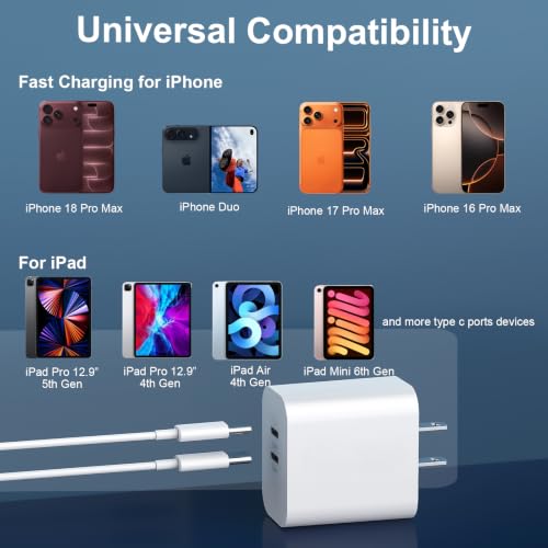 iPhone 18 Duo 17 16 Charger Fast Charging 10 FT Long iPhone USB C Charger | 20W Dual Port Type C Fast Charger Block for iPhone 18 17 16 15 Pro Max/18 17 16 15 Pro/17 15 15/Air, iPad Pro, Android Phone