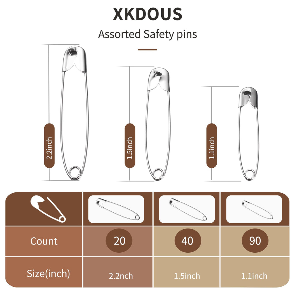 XKDOUS 150 Pack Safety Pins for Clothes 3 Universal Assorted Sizes, Silver | Small & Large Safety Pin, Strong Heavy Duty Sharp Edge Pins Bulk, Fasteners for Clothing, Sewing, Crafting