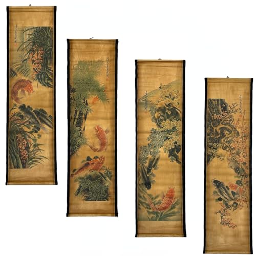 CIFIBIFUN Wall Scroll Hanging Painting Decor Japanese Art Koi Fish Fengshui | 4Panels,Ancient Japan Paintings Replica ,Asia Traditional Art, Attract Wealth, Four Season Flower