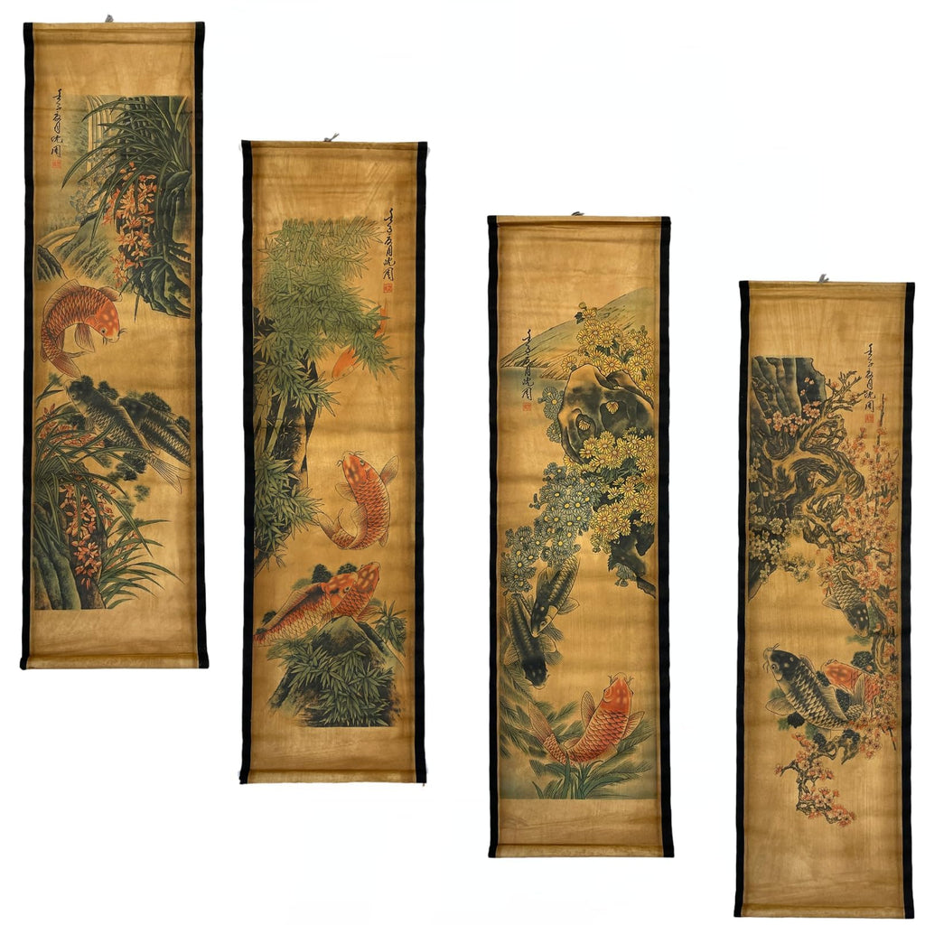 CIFIBIFUN Wall Scroll Hanging Painting Decor Japanese Art Koi Fish Fengshui | 4Panels,Ancient Japan Paintings Replica ,Asia Traditional Art, Attract Wealth, Four Season Flower