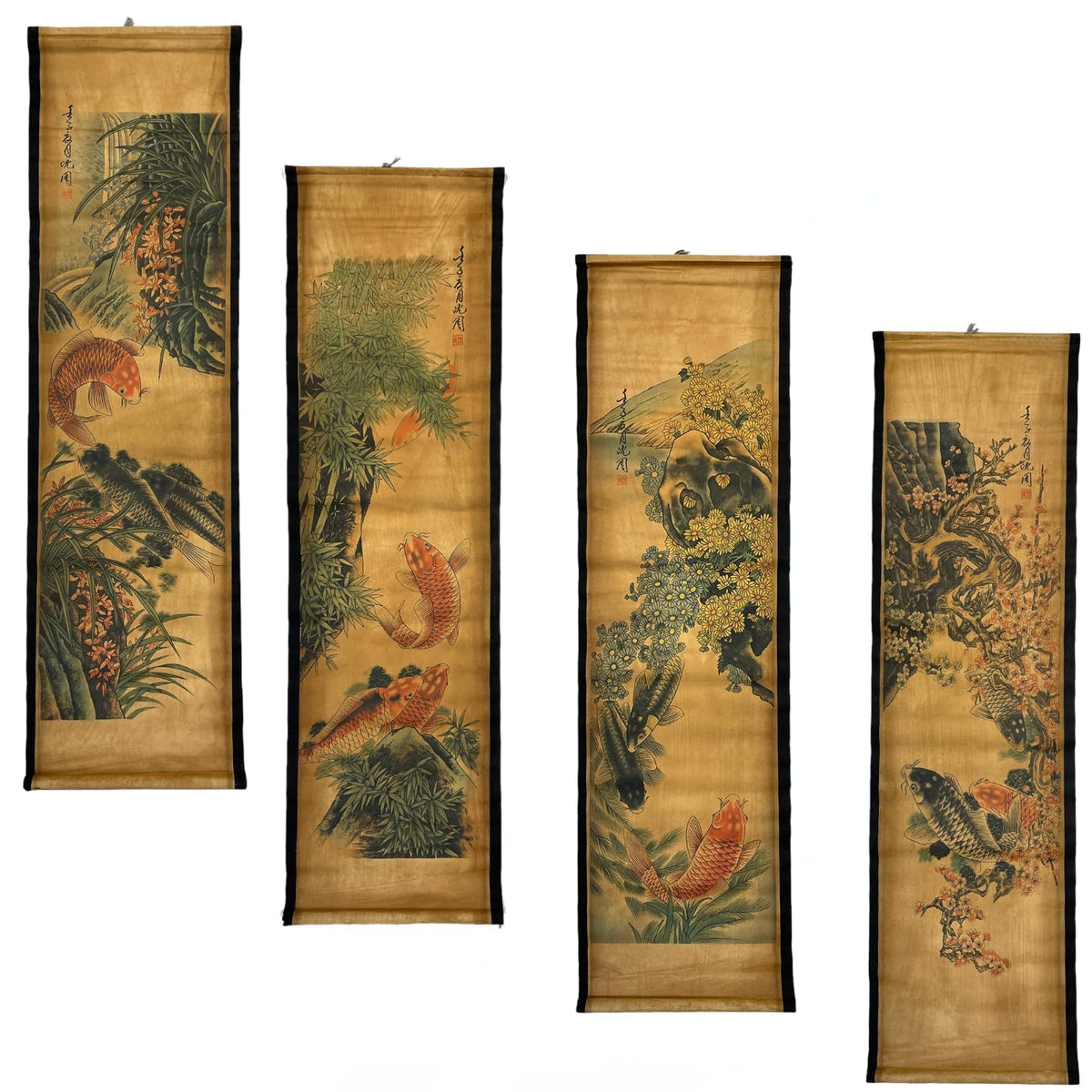 CIFIBIFUN Wall Scroll Hanging Painting Decor Japanese Art Koi Fish Fengshui | 4Panels,Ancient Japan Paintings Replica ,Asia Traditional Art, Attract Wealth, Four Season Flower