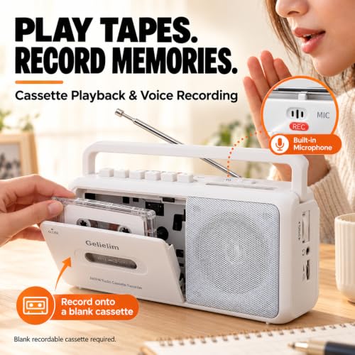 Cassette Tape Player, Portable Radio Cassette Player, Tape Recorder Cassette Player with Speaker,Headphone Jack, Battery/AC Power Casette Player, for Home and Travel, Elderly Gift,White