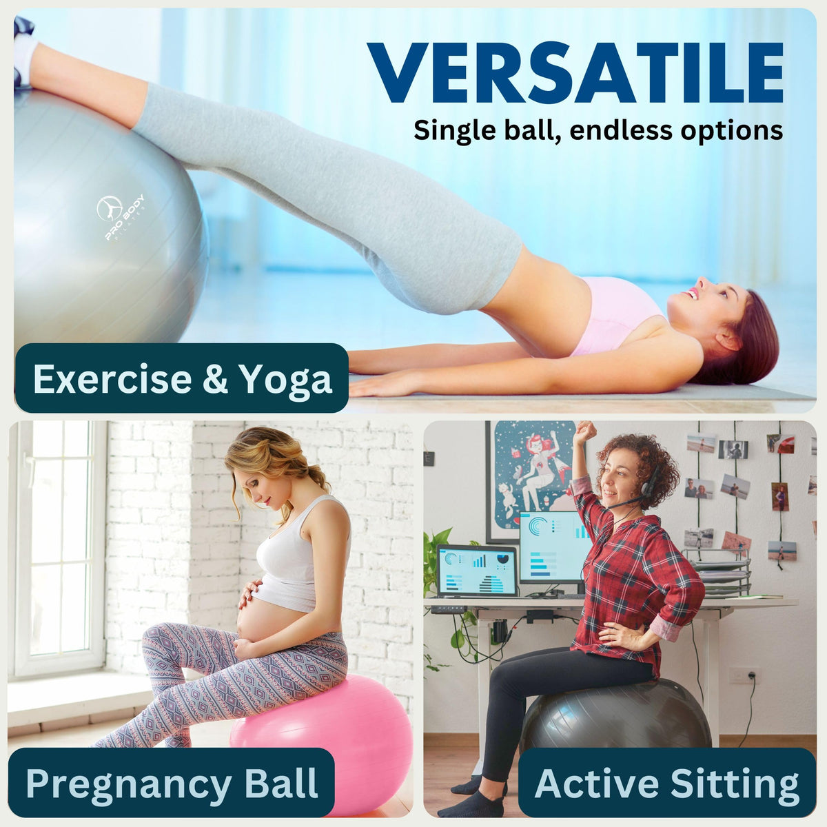 ProBody Pilates Yoga Ball - Gym Grade Exercise Ball | Sizes 45/55/65/75/85 cm, 330 lb Load, CA 10P Cert, PT & Prenatal Use, Recommended by OBs, Pump