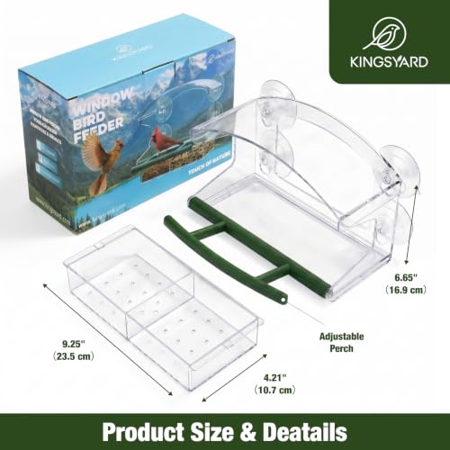 Kingsyard Window Bird Feeder with 4 Extra Strong Suction Cups | Crystal Clear Durable PC, Extra Wide Perch, Lift-Out Seed Tray, Easy to Clean & Refill, Bird Watching Gift, Garden Decor