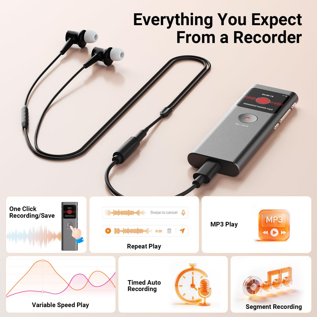 AI Voice Recorder, Transcribe & Summarize with AI Note Taker | Voice Recorder for Meetings & Lectures & Interviews, Voice Activated with Playback, 90+ Languages, Portable Tape Recorder