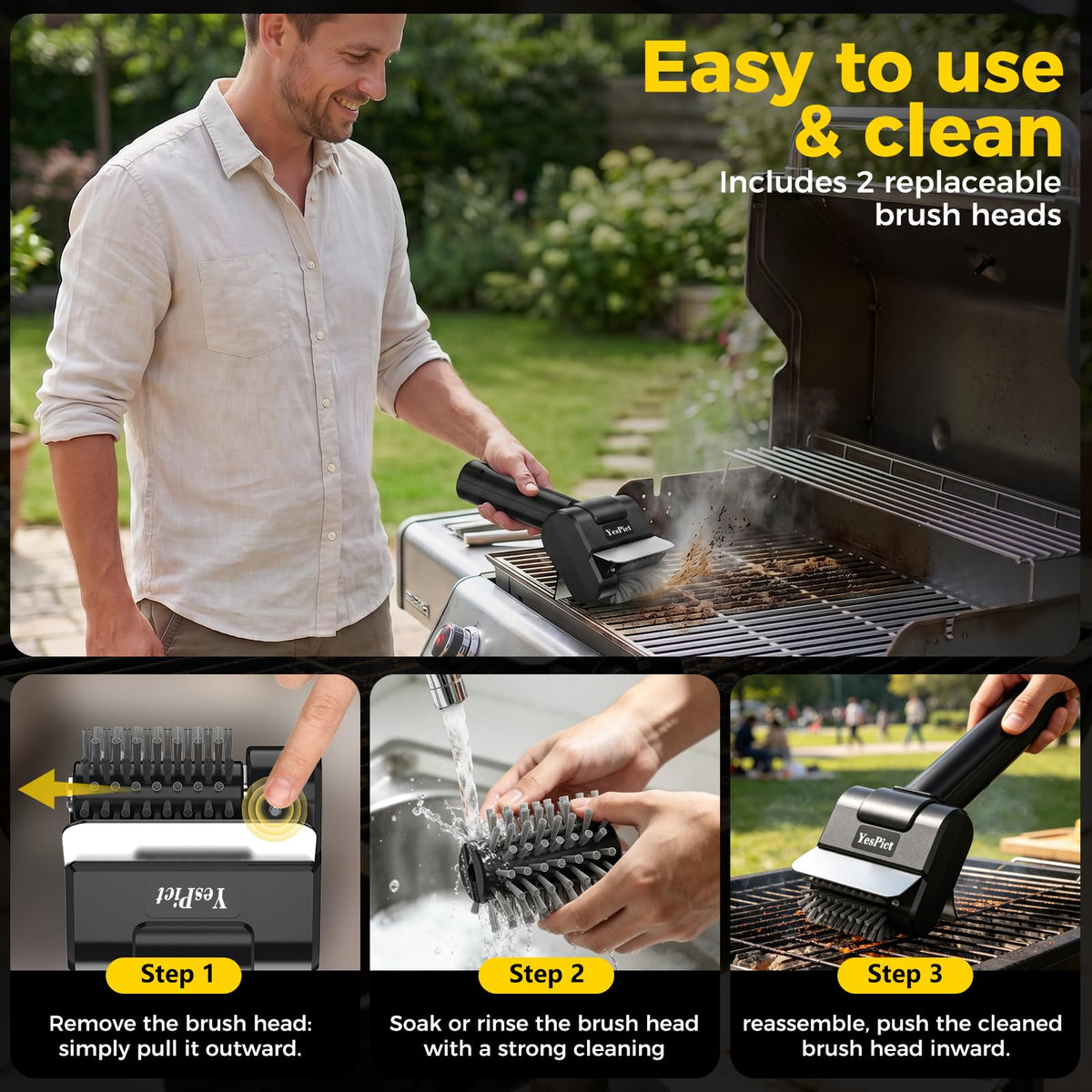Electric Grill Brush, Cordless Rechargeable Grill Cleaner, BBQ Grill Brush | 1100RPM Cleaning Power, Max 180-Min Runtime, Replaceable Stainless Steel Head, Backyard BBQs, Park Picnics, Tailgates