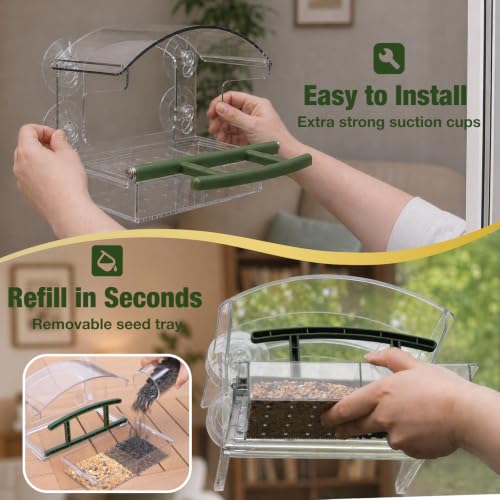 Kingsyard Window Bird Feeder with 4 Extra Strong Suction Cups | Crystal Clear Durable PC, Extra Wide Perch, Lift-Out Seed Tray, Easy to Clean & Refill, Bird Watching Gift, Garden Decor