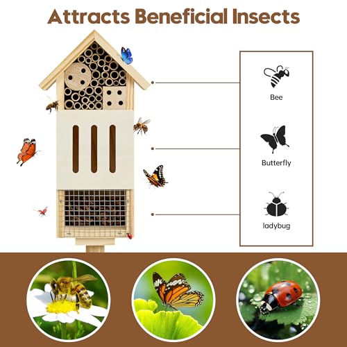 UUMENHA Bee House Bug Hotel & Butterfly House with Stake,Ladybug Hotel | Natural Insect Habitat for Garden, Patio, or Yard, Attracts Pollinators, 10.4 x 5.5 x 3.2 Inches,14 inches Stake