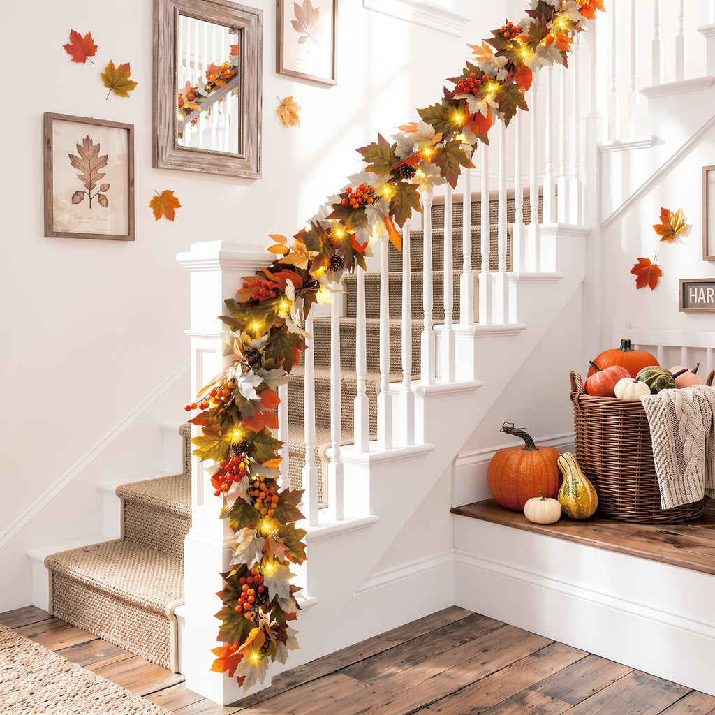 Luxspire 6 FT Fall Garland with Lights and Timer for Fall Decor | Fall Leaves Garland with Lights, Berries Maple Leaves Pinecones, Fall Decorations for Home Mantle Porch Window Stair Railing