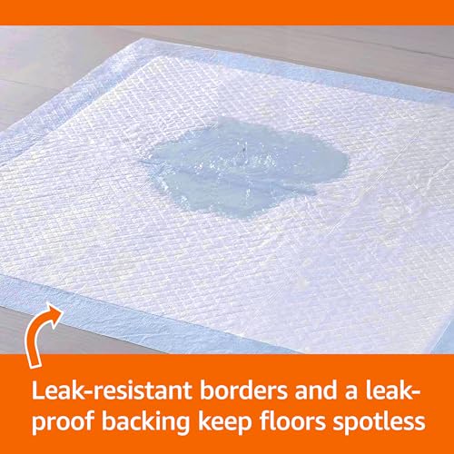 Amazon Basics X-Large Heavy Duty Absorbent Puppy Potty Pads, Leak-Proof, Quick-Dry, Super Absorbent Gel Technology for Dog Training, 28 x 34 Inches, Blue & White, Pack of 50