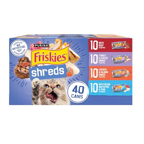 Purina Friskies Wet Cat Food Variety Pack, Shreds, 40 Pack 5.5 oz Cans | Beef, turkey and cheese, chicken and salmon, and ocean whitefish and tuna recipes in savory gravy