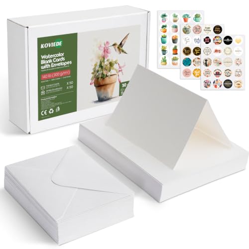 KOVIEDE 50 Pack Foldable Blank Watercolor Cards with Envelopes 5" x 7" | 140lb/300gsm, Heavyweight, Cold Press, Acid-Free, 100% Cotton Water Color Cards to Painting, Cards Making, DIY Art Projects