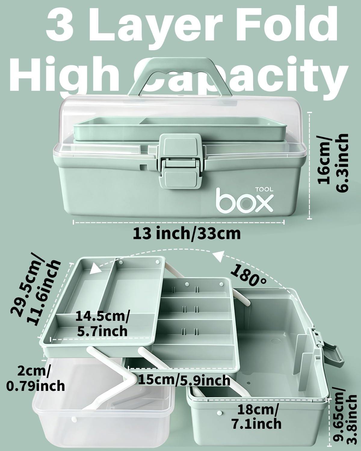 TERGOO 13in Lager Plastic Craft Organizer and Storage 3-Layer Tackle Box | Portable Tackle Box with Handle & Adjustable Dividers, Multipurpose Organizer Box for Sewing, Art Supply, Tool(Haze Green)
