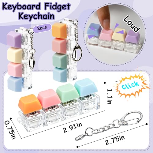 2 PCS Keyboard Fidget Toy, Keyboard Fidget Keychain 4-in-1 Keyboard Decompression Button Finger Clicker Toys (Purple Blue Pink Orange, General)