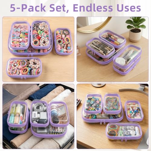 CarryEpic Clear Hard Shell Zipper Cases (5 Packs), Plastic Hard Sided Zippers Pouches Clear Hardshell Pencil Case For Storage, Diaper Bag Organizer Bliss Bins 4*Small/1*Medium, Purple