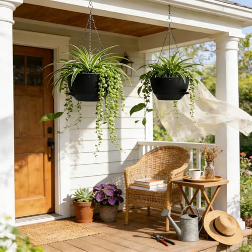 UOUZ 13 Inch 2 Pack Large Self Watering Hanging Planters for Indoor Outdoor Plants, Hanging Plant Pots with Removable 50 Oz Reservoir, Plastic Hanging Basket for Window Porch Garden Balcony, Black