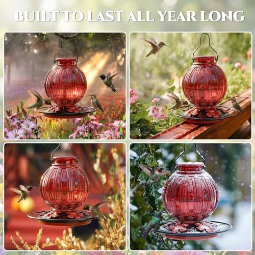 Glass Hummingbird Feeder for Outdoors Hanging, 26 fl oz Bird Nectar Feeder | 5 Metal Flower Feeding Ports, 360° Perch Ring, Easy Refill & Clean, Leakproof, Ideal for Backyard, Garden Outdoor Decor, Red