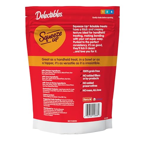 Delectables Squeeze Up Variety Pack, Creamy Squeezable Puree, Lickable Wet Cat Treats, Grain Free, No Added Fillers, No By-Products, No Added Preservatives, 0.5 Ounces Tube, 24 Tubes Total