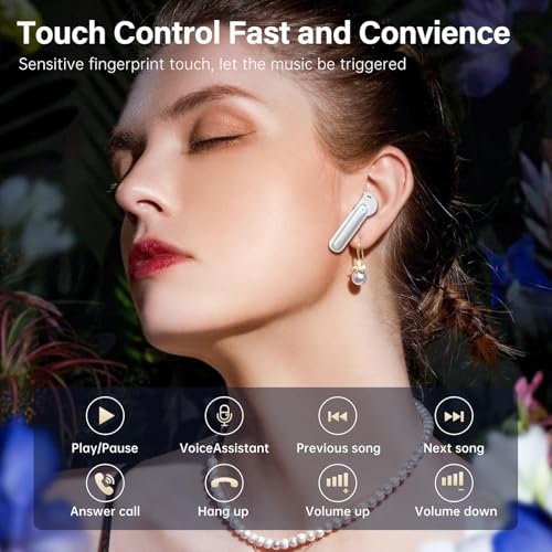 Fhumsh Wireless Earbuds, Bluetooth 5.3 Headphones HiFi Stereo 50H Playback LED Digital Display Ear Buds with ENC Noise Canceling Headset, IPX7 Waterproof Earphones for Gym/Running/Work（White）