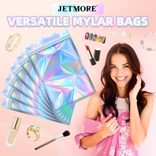 JETMORE Holographic Bags 50 PCS Mylar Bags 6x9" Resealable Embroidery Bags | Smell proof bag for goodie party favor jewelry freshie supplies candy cross stitch floss beads packaging sealable bags