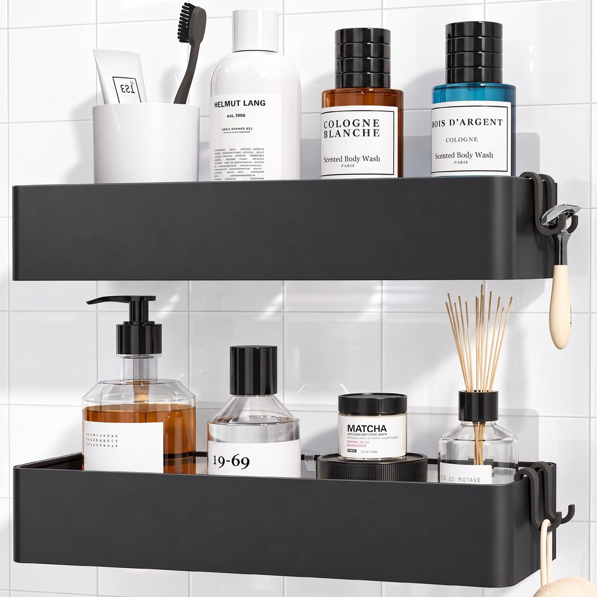 Kitsure Shower Caddy No Drilling Bathroom Organiser, Large, Black | 2 Pack Shower Caddy, Quick Drying Large Capacity Bathroom Shelf, Durable Shampoo Holder for Shower