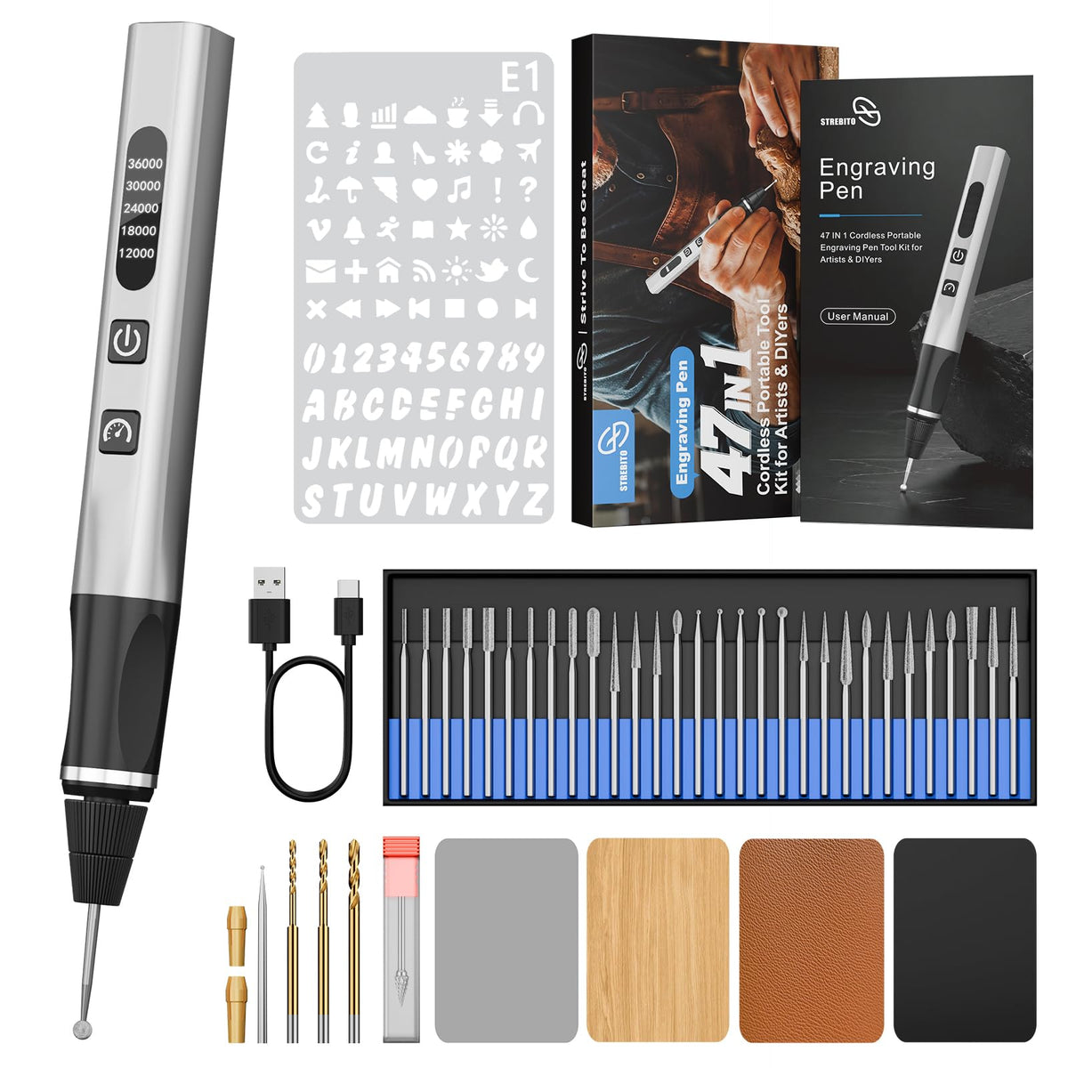 STREBITO Engraving Pen for Metal Wood Glass Plastic, 47 in 1 Engraving Kit | 5 Speeds Up to 36000 RPM, USB-C Rechargeable, Diamond Bit, Beginner Friendly, Portable Engraving Pen Kit for Artists & DIYers