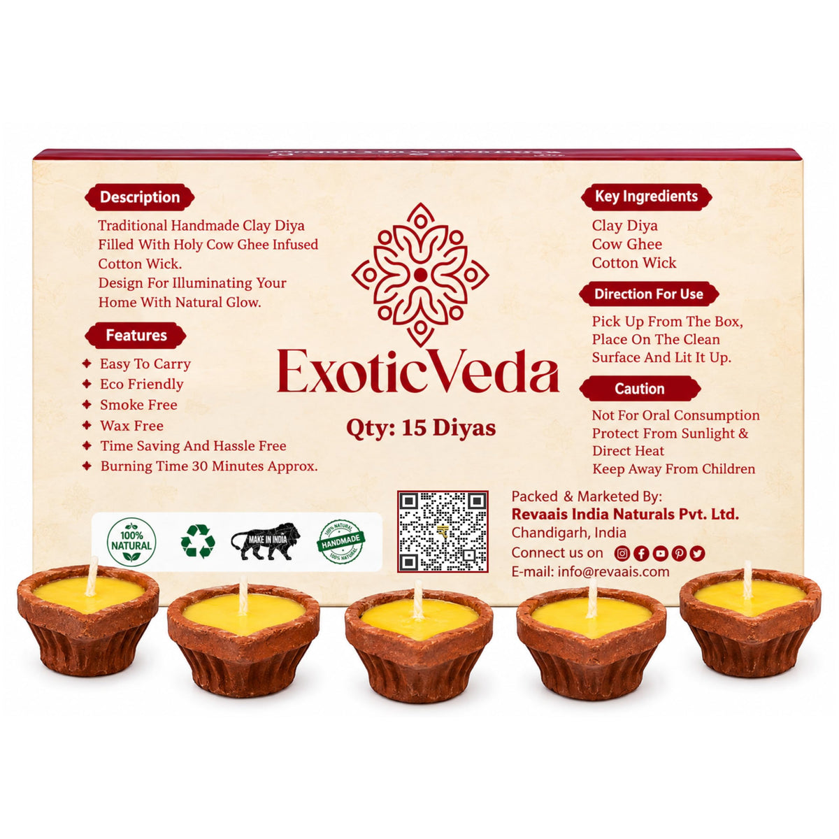 Handcrafted Poojan Clay Ghee Diya Set of 15 - Eco-Friendly Homemade Diya with Premium Cow Ghee Wick for Spiritual Rituals, and Religious Ceremonies, Meditation.