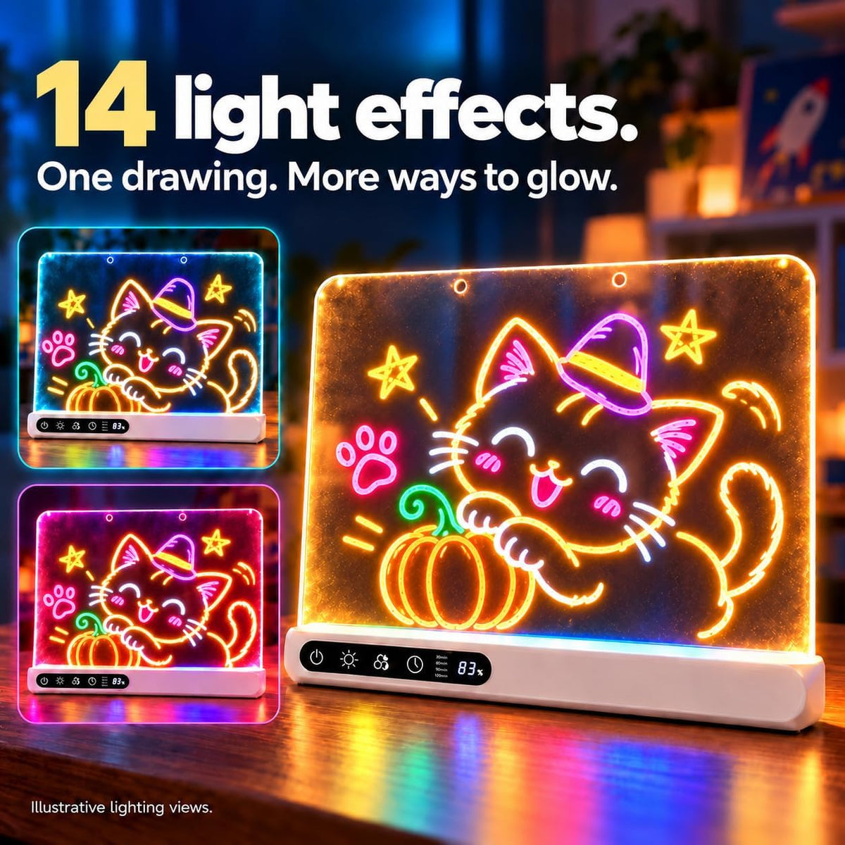 Cordless 16" LED Drawing Board for Kids | Wall Mountable Tabletop, Rechargeable Glow Doodle Note Board, 14 Light Effects, 7 Markers