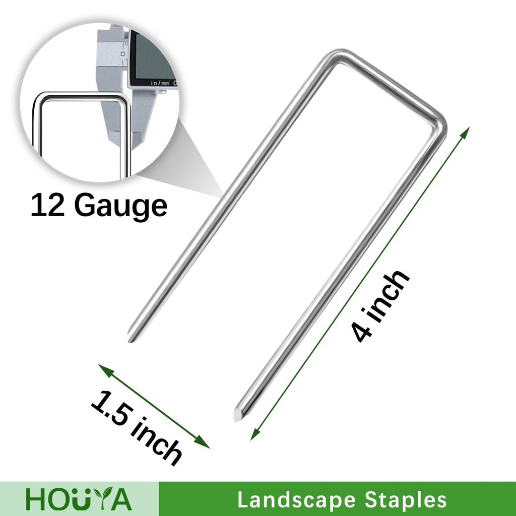 HOUYA 50 Pack Landscape Staples 4 Inch 12 Gauge Garden Stakes | Galvanized Garden Staples Pins Anti-Rust Ground Stakes for Weed Barrier, Irrigation Tubing, Yard Lawn, Landscape Fabric