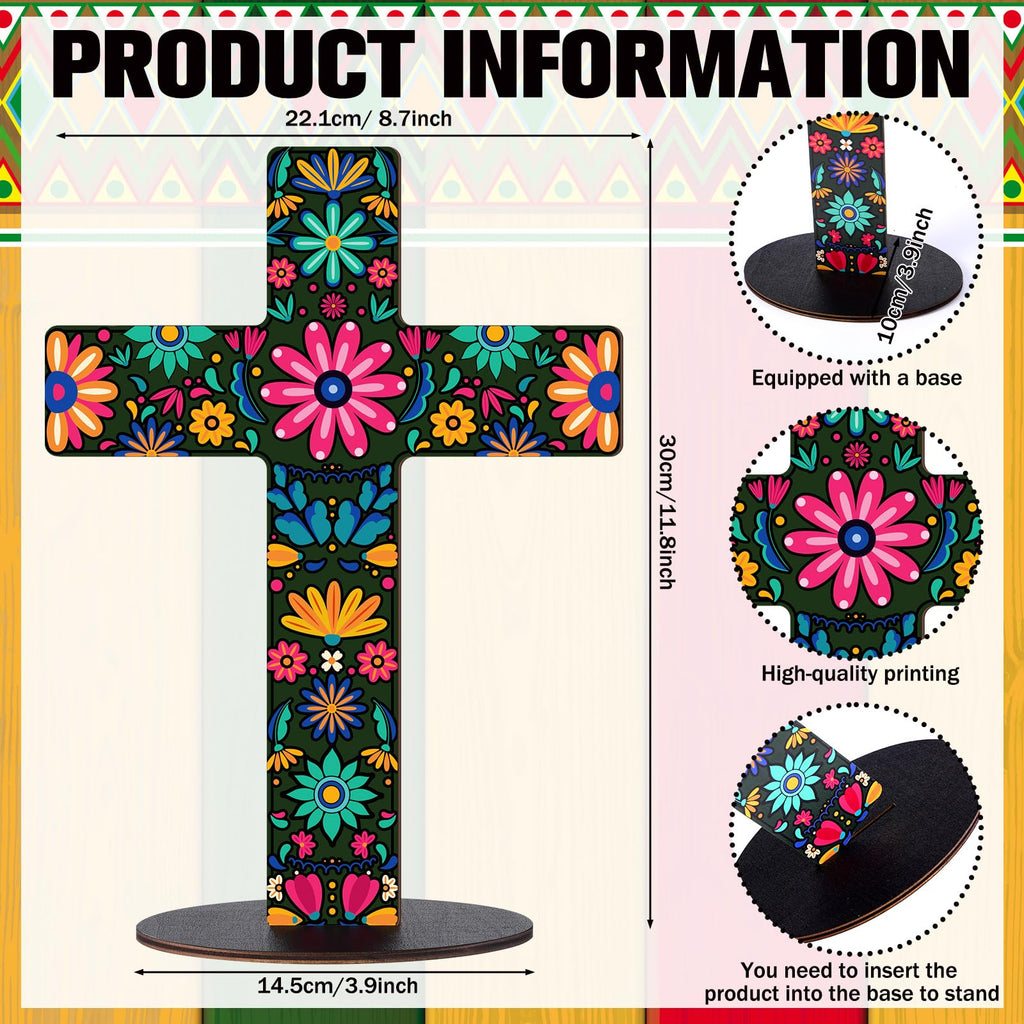 Pinkunn 2 Pcs Day of The Dead Cross Decor, Floral | 9 X12 in Hand Painted Wooden Dia De Los Muertos Cross, Mexican Altar Ofrenda Decor, Spanish Crucifix, Home Church Centerpiece