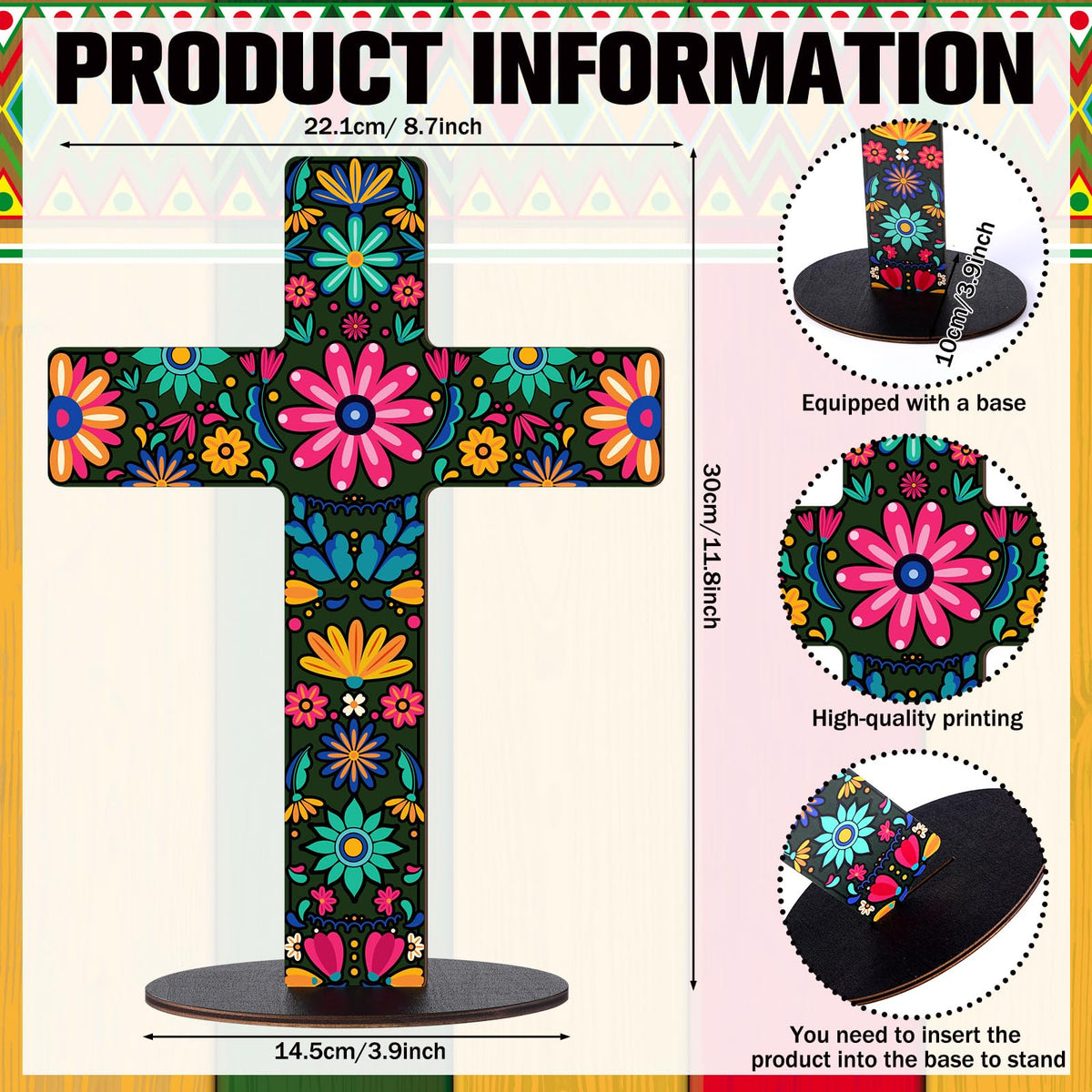 Pinkunn 2 Pcs Day of The Dead Cross Decor, Floral | 9 X12 in Hand Painted Wooden Dia De Los Muertos Cross, Mexican Altar Ofrenda Decor, Spanish Crucifix, Home Church Centerpiece