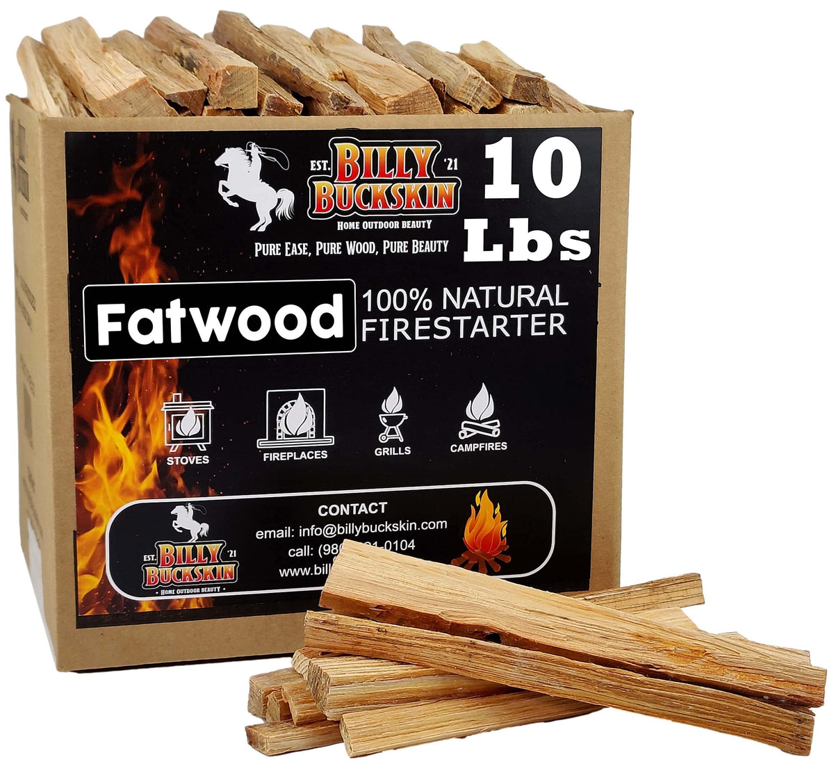 Billy Buckskin 10lb Fatwood Fire Starter Sticks, 100% Natural Firestarter | Lights when wet, For Campfires, Firepit, Fireplaces, BBQ & Wood Stoves, Easy Ignition with Just 2 Sticks, Camping Essentials
