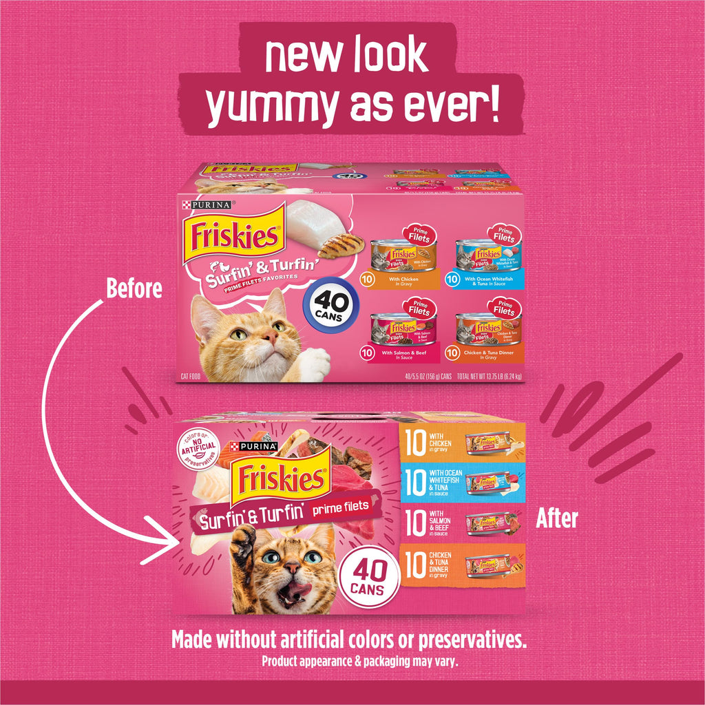 Purina Friskies Prime Filets Cat Food Variety Pack, 40 Pack 5.5 oz Cans | Surfin' and Turfin' wet cat food favorites in a savory gravy, made with real meat, poultry and seafood