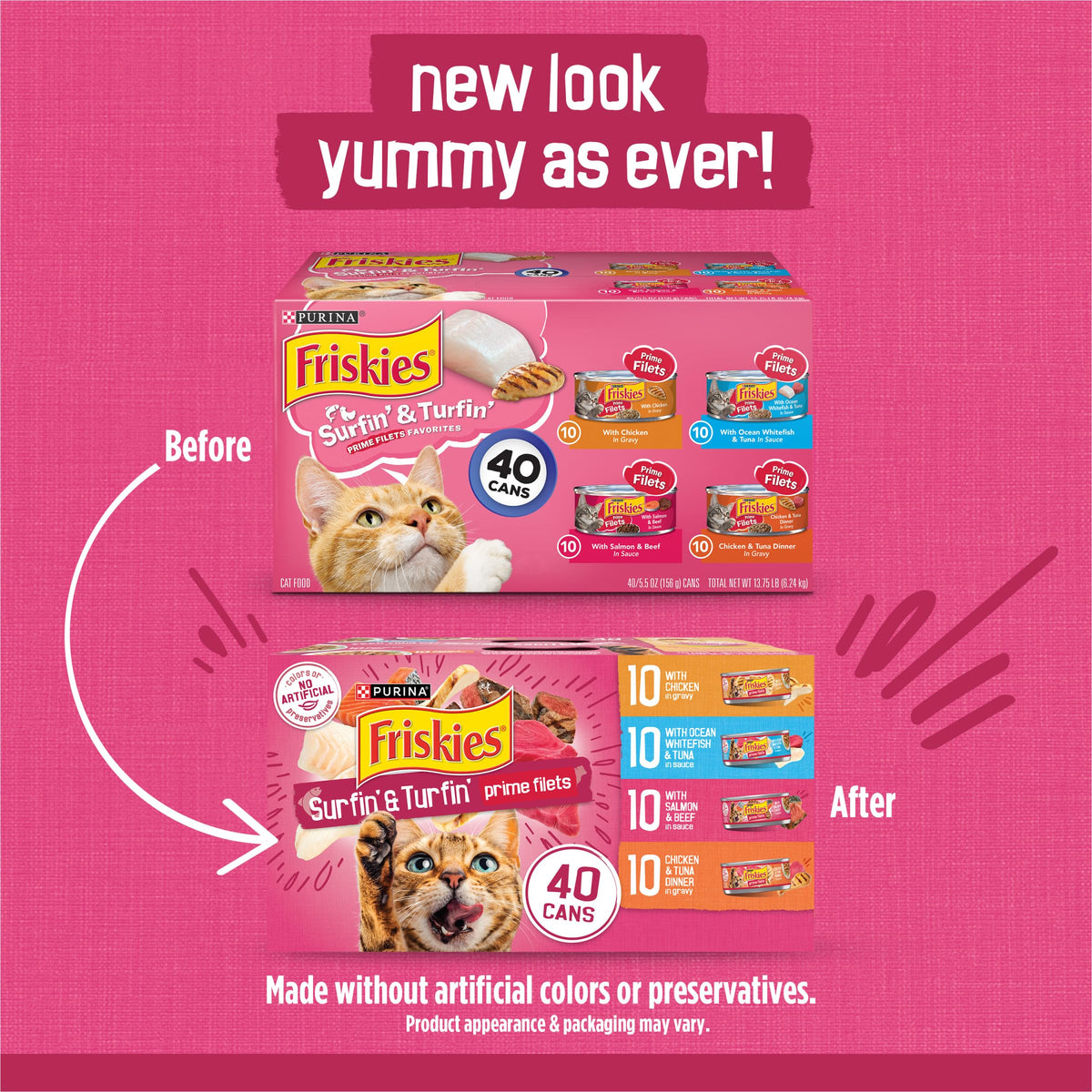 Purina Friskies Prime Filets Cat Food Variety Pack, 40 Pack 5.5 oz Cans | Surfin' and Turfin' wet cat food favorites in a savory gravy, made with real meat, poultry and seafood