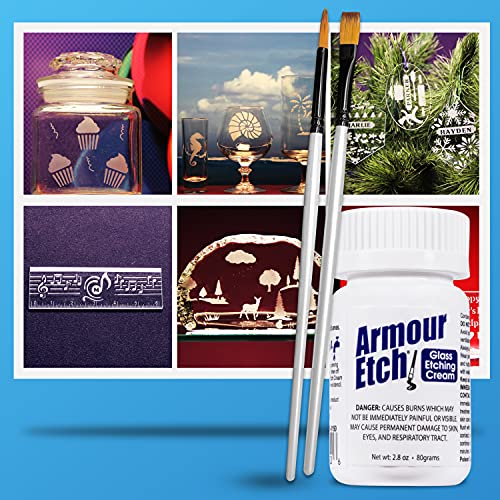 Armour Etch Glass Etching Cream 2.8oz Net Wt. Bundle with Moshify Brushes | Works with stencils to etch detailed designs on windows, mirrors and glassware for custom gifts and home décor projects