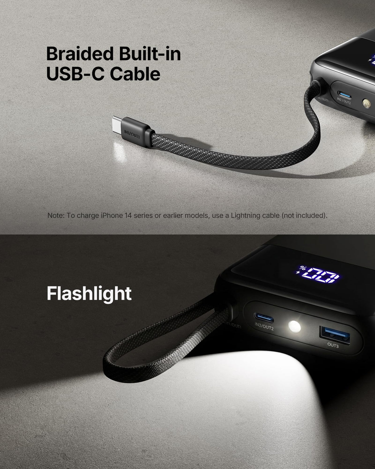 INIU 20000mAh Portable Charger, Smaller 45W Fast Charging Travel Power Bank | Flight-Safe, Built in USB-C Cable, Travel Essential, Battery Phone Pack for iPhone 18 17 16 Pro, Samsung S26, iPad etc, Black