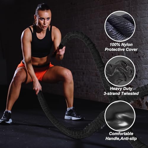 Brobantle Battle Rope 1.5 Inch Diameter,Black 30FT Exercise Workout Ropes for Home Gym Heavy Weighted Training Rope for Working Out