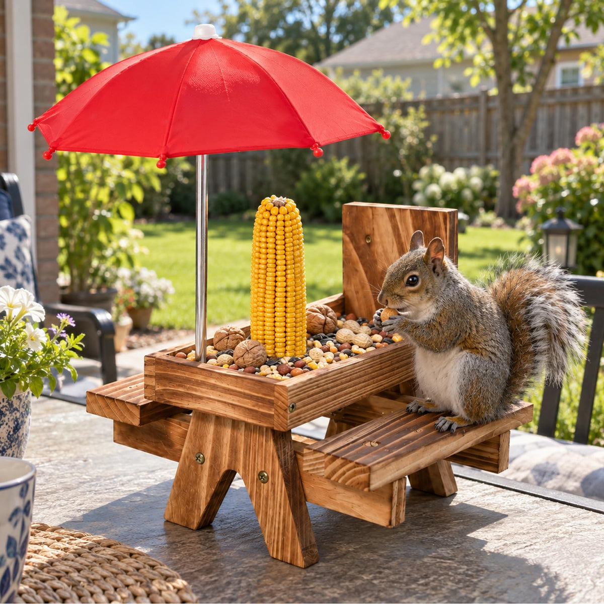 Squirrel Feeder for Outside, Funny Wooden Picnic Table with Mini Umbrella | Solid wood feeder for squirrels and chipmunks, drainage mesh, corn cob holder, feeding area, tree or fence mount