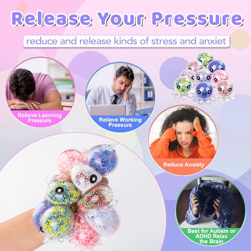 VESPRO 12 Pack Fidget Stress Balls for Adults, Cute Octopus Stress Ball | Features a soft, squeezable texture, Bulk Squishy Squeeze Ball Toys Set for Classroom Prizes and Birthday Party Favors
