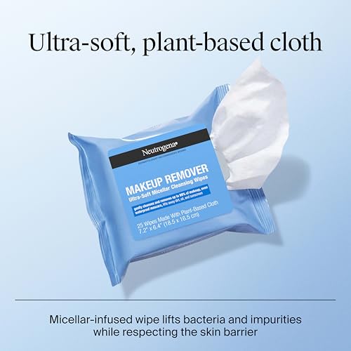 Neutrogena Makeup Remover Micellar Wipes, 2 Pack of 25 Ct | Plant-Based Micellar Water Cleansing Cloths, Gently Removes Oil, Dirt & Waterproof Makeup, No Heavy Residue, Alcohol-Free