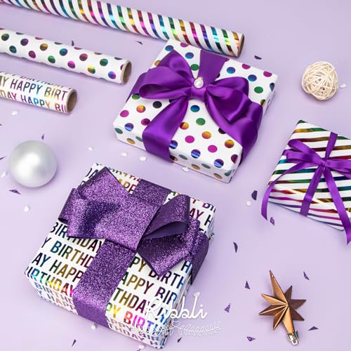 Ribbli Birthday Wrapping Paper Iridescent Gift Wrapping Paper Mini Roll, 3 Rolls Happy Birthday Polka Dots Stripes Printed Assortment - 17 inch x 120 inch(10feet) Per Roll